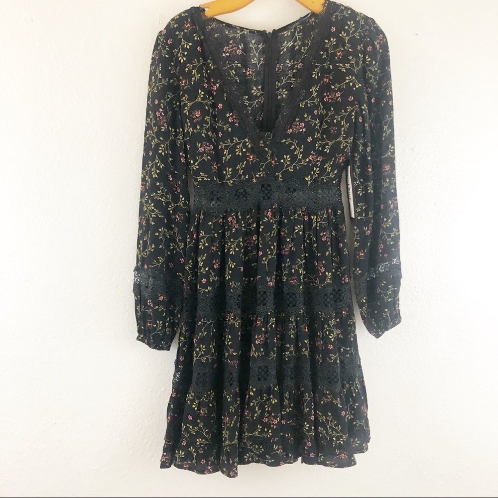 Olivaceous floral print long sleeve lace detail black dress S. New with tags